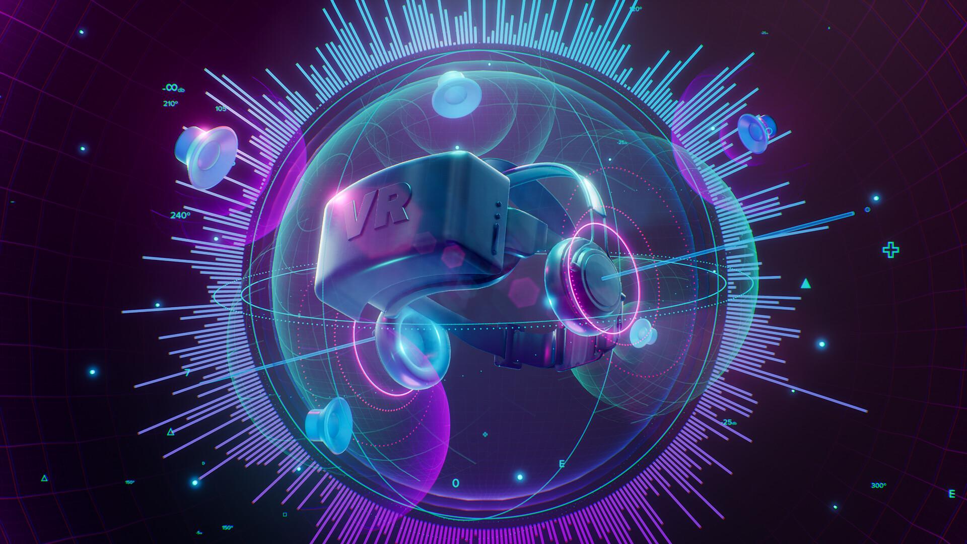 A render of a VR headset surrounded by virtual audio related graphics